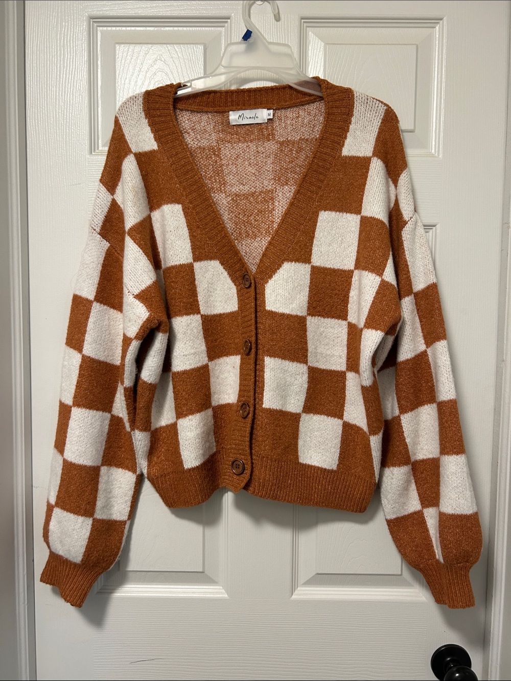 Miracle Rust and Cream Checkerboard Button Cardigan